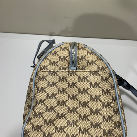 Michael Kors Bedford Satchel Handbag Blue Leather Trim MK Logo Canvas - Picture 4 of 10